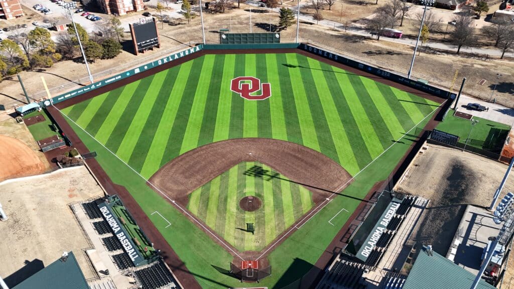 University of Oklahoma's L. Dale Mitchell Park's artificial turf field with Brock SP Series shock pads and BrockFILL organic infill, home of the Sooners.